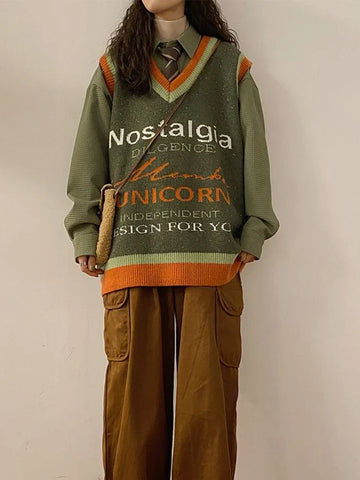 Voguable Vintage Harajuku Letter Knitted Vest Preppy Style Loose Bf Y2K Tops Japan Loose All Match V Neck Casual Sweater Vest