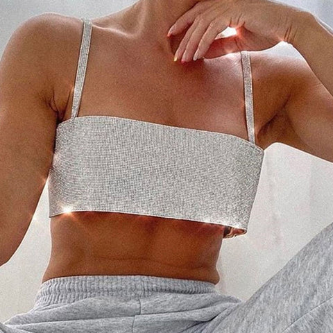 Glitter Club Crop Top Off Shoulder Tank Cami Clothing Super Short Party Night Shiny Bling Sleeveless Tube Tops Y2K