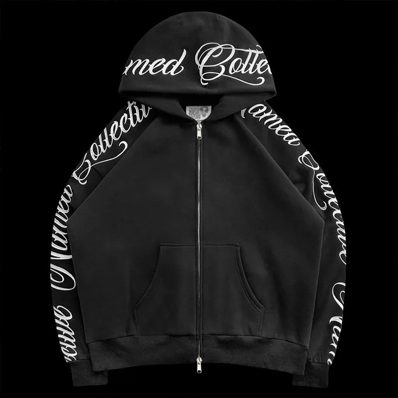 American Winter Sweatshirt Y2k Gothic Hip Hop Couple Hoodies Print Harajuku Zip Up Oversized Punk Grunge Black Jacket