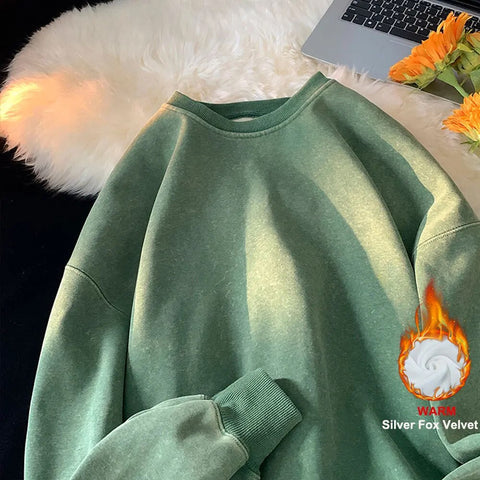 American Washed Old Pullovers Sweatshirts Loose Solid Color Large Size Warm O Neck Tops Hip Hop Y2k Sweatshirt