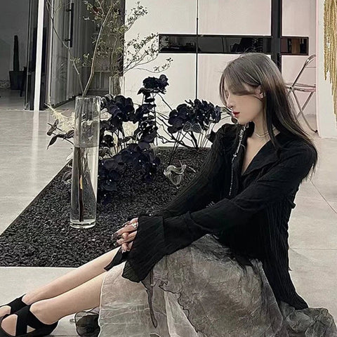 Voguable  Gothic Harajuku Black Shirt Vintage Long Sleeve Y2K Blouse Casual American Retro Irregular V Neck Loose Tops Spring
