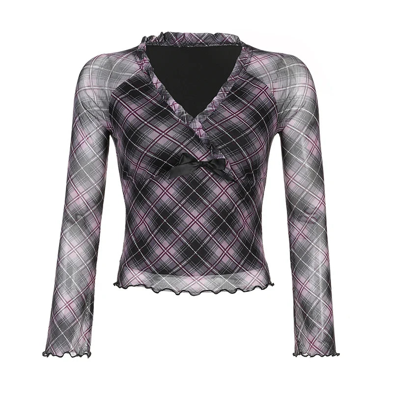 Voguable Y2K Plaid Double Layer Mesh Top Black Ruched V-neck T-shirts Fairy Grunge Long Sleeve Tops Vintage Sweet Bow Tees Fall