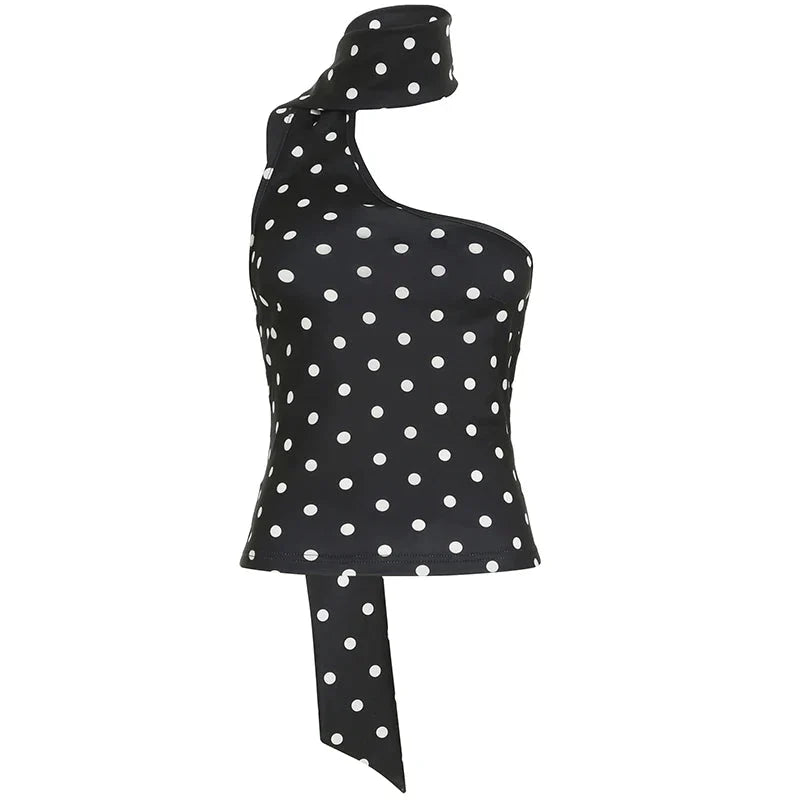 Asymmetrical Polka Dot Tank Top with Scarf Chic Sleeveless Skinny Black Cropped Tops Casual Streetwear Tee y2k Vest