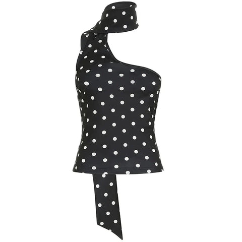 Asymmetrical Polka Dot Tank Top with Scarf Chic Sleeveless Skinny Black Cropped Tops Casual Streetwear Tee y2k Vest