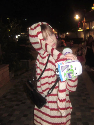 Japanese Y2k Hooded Cardigan 2000s Aesthetics Rabbit Ears Zipper Knitwear Vintage Harajuku Red Stripe Sweater Grunge