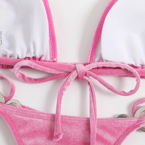Voguable Triangle Bikinis Set Solid Pink Criss Cross Velvet Swimsuit Luxury Rhinestone Bathing Suit Metal Swimwear Y2K