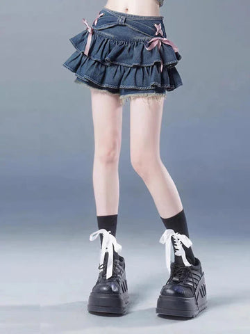 Voguable Blue Denim Pleated Skirt Y2K Aesthetic Sweet Pink Bow Lace Up Ruffles Cake Mini Skirts Harajuku Kawaii Short Skirt 90s