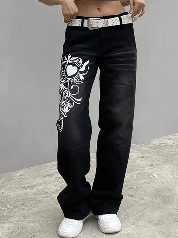 Harajuku printed Cargo Jeans Y2K Dark Blue brown High Waist Streetwear 90S Baggy Jeans Pants Straight wide leg jeans