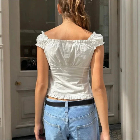 y2k Tank Top Clothes Solid Color Cap Sleeve Button Down Slim Fit Frill T Shirt 2000s Vest Streetwear