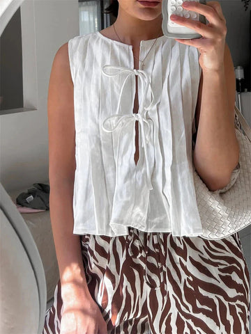 White Bandage Ribbed Tank Top Shirts For Hollow Out Sleeveless Slim Vest Lace-Up Vest Y2k Top