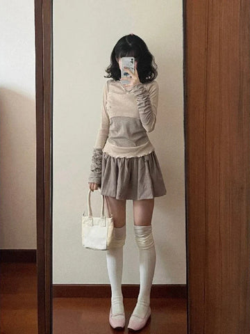Voguable Elegant Casual Outwear 2 Piece Skirt Set Woman Slim Bodycon Knitted Blouse + Sweet Y2k Mini Skirt Suit Chic