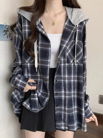 Vintage Plaid Hooded Shirt Oversize Long Sleeve Y2K Blouse American Casual Harajuku FeVintage Tops New