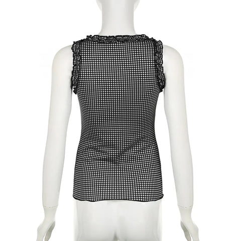 Voguable Y2K Checkerboard Tank Top Ruffle Square Collar Plaid Sleeveless Tops Coquette Aesthetic Contrast Bow Slim-fit Camisole
