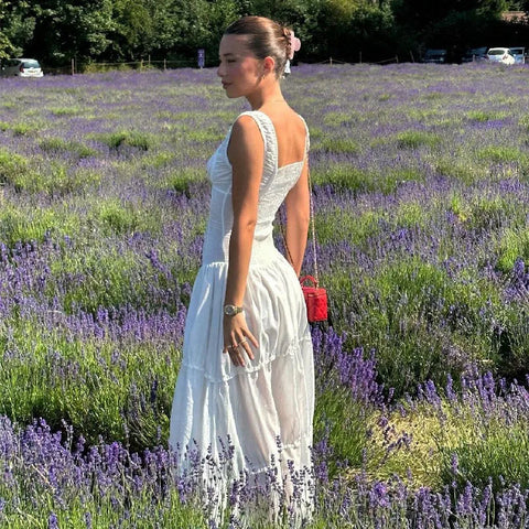 Voguable Elegant Square-Neck White Dress Slim Lace Up Sleeveless Dress Y2K Korean Buttons Beachwear Party Vestido New