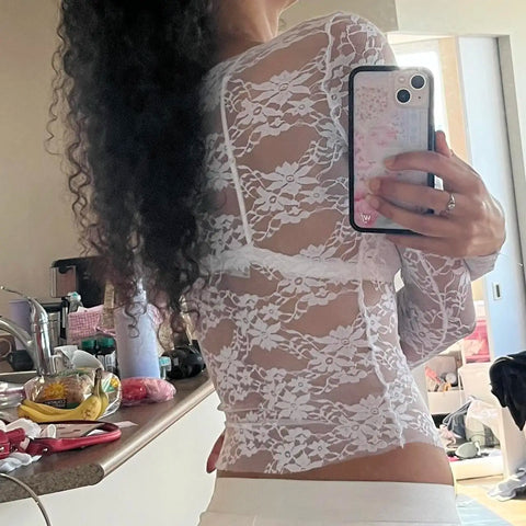 Y2k Lace Floral Sheer Mesh Crop Tops Long Sleeve Tee Shirt Fairycore Aesthetic Blouse Grunge Clothes Party Club Streetwear
