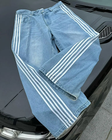 Hip Hop Baggy Jeans  Harajuku Goth Y2k Jeans for Black Striped Embroidered Wide Leg Denim Pants High Street Streetwear