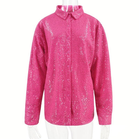 Turn-down Collar Long Sleeve FeY2k Shirts Dresses Glitter Sequins Party Shirt Dress Streetwear Clothes