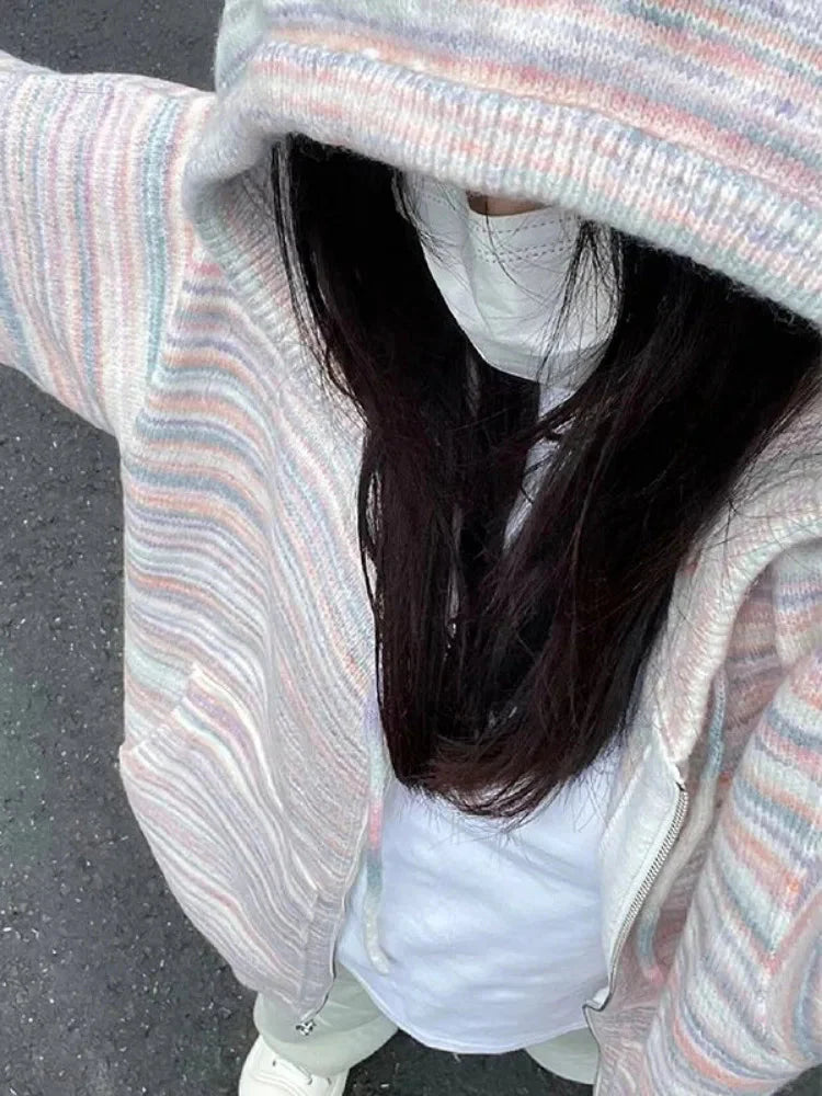 Japanese Y2k Rainbow Striped Kawaii Cardigans All Match Hooded Sweaters Loose Zipper Grunge Knitted Coat Pull Femme