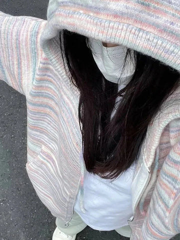 Japanese Y2k Rainbow Striped Kawaii Cardigans All Match Hooded Sweaters Loose Zipper Grunge Knitted Coat Pull Femme