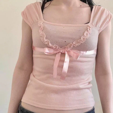 Voguable Y2K Rhinestone Frill Edge Bow T-shirt Pink Kawaii Japanese Lolita Casual Square Collar Short Sleeve Top Coquette Tees
