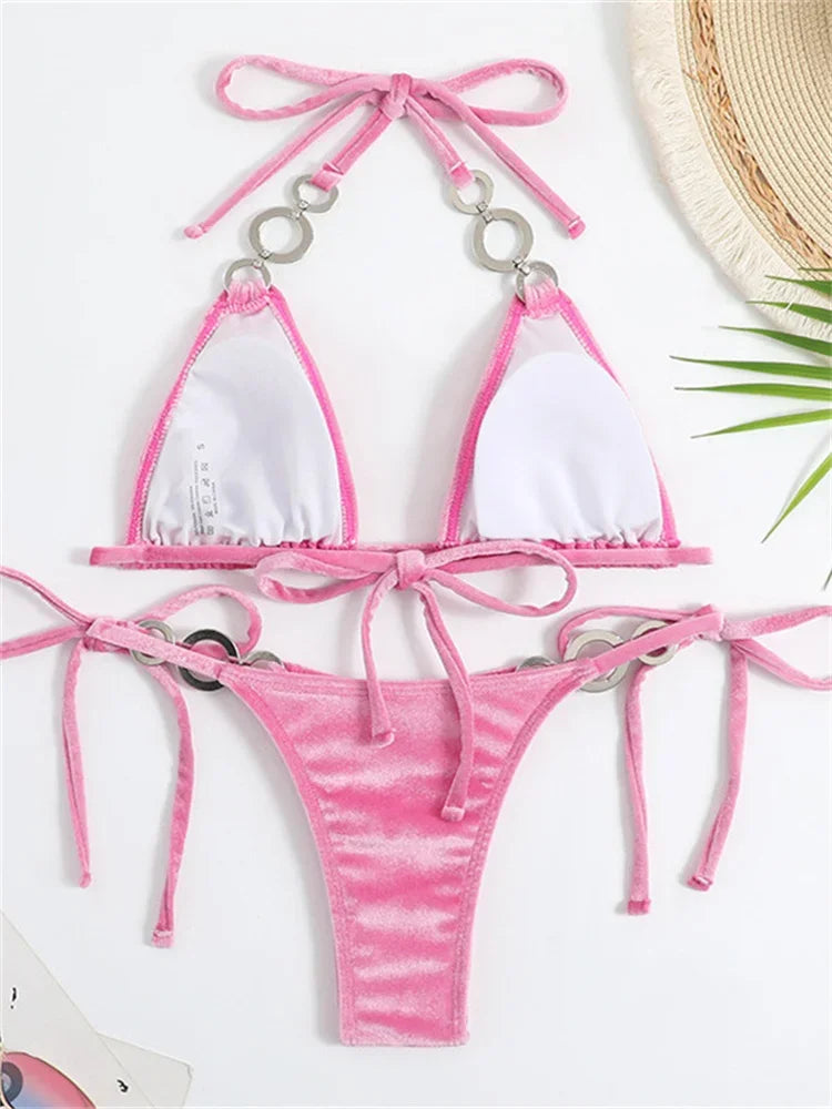 Voguable Triangle Bikinis Set Solid Pink Criss Cross Velvet Swimsuit Luxury Rhinestone Bathing Suit Metal Swimwear Y2K