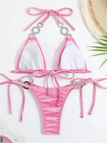 Voguable Triangle Bikinis Set Solid Pink Criss Cross Velvet Swimsuit Luxury Rhinestone Bathing Suit Metal Swimwear Y2K