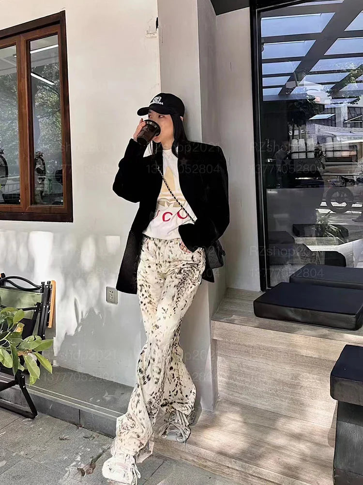 Baggy Wide Leg Jeans High Waisted Retro Leopard Print Straight Jeans High Street Streetwear Y2k Vintage Denim Trousers