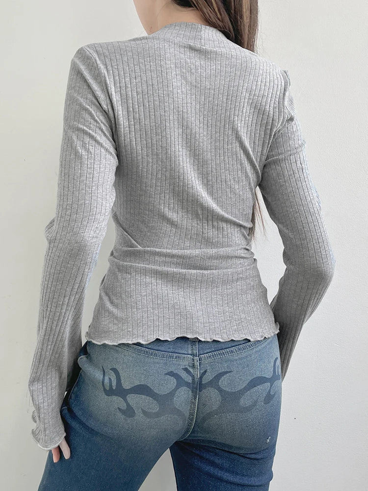 Voguable  y2k Lace Patchwork Fake Two Piece T-shirt Fairycore Flare Long Sleeve Tops Casual Kawaii Clothes Korean Shirt