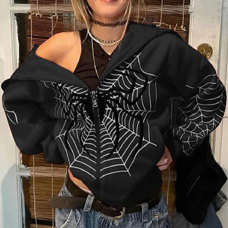 Y2k Rhinestone Skeleton Hoodies Gothic Black Zip Up Oversized Sweatshirts FeRetro Harajuku Hooded Jackets Streetwear