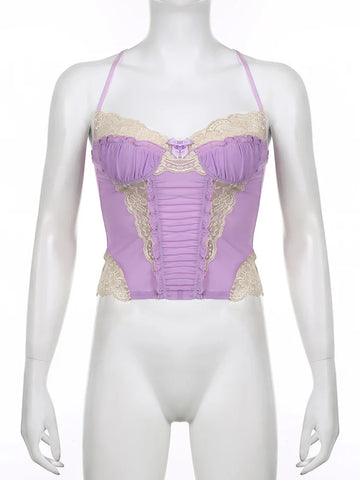 Voguable  y2k Lace Patchwork Purple Coquette Mesh Corset Backless Criss-cross Halter Camis Sweet Aesthetic Crop Top