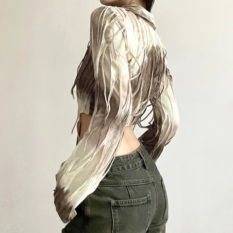 Goth Dark Tassel Tie Dye Fairy Grunge Blouses Gothic Vintage Y2k Frayed Crop Tops Streetwear Long Sleeve Slim T-shirt