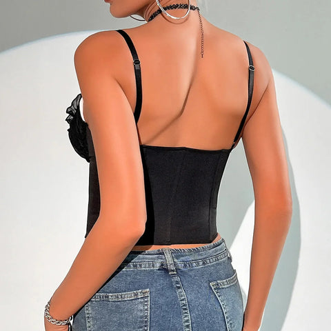 V Neck Y2K Crop Tops Lace Patchwork Pleated Bowknot Corset Top  Backless Slim Camisole Body Shape Fishbone Bustier