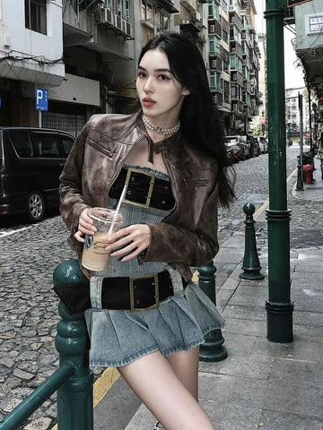 Vintage Y2k Strapless Denim Dress Bodycon Korean Kpop Belt Pleated Mini Dress 2000s Streetwear