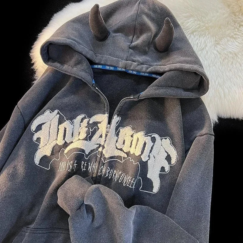 Y2K Letter Embroidered Hoodie Winter Vintage Zip Up Oversized Sweatshirt Harajuku Long Sleeve Hooded Jacket Clothes
