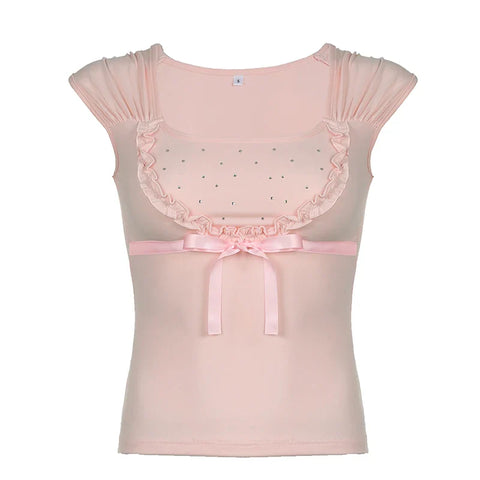 Voguable Y2K Rhinestone Frill Edge Bow T-shirt Pink Kawaii Japanese Lolita Casual Square Collar Short Sleeve Top Coquette Tees