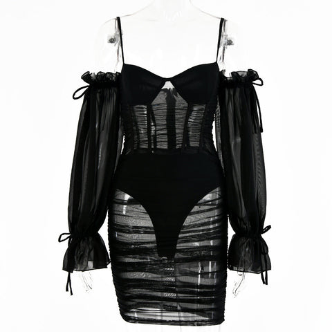 Voguable  Spaghetti Strap Long Lantern Sleeves Ruched Mini Dresses Woman Y2k Mesh Vintage Dress Club Party Vestidos