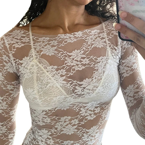 Y2k Lace Floral Sheer Mesh Crop Tops Long Sleeve Tee Shirt Fairycore Aesthetic Blouse Grunge Clothes Party Club Streetwear