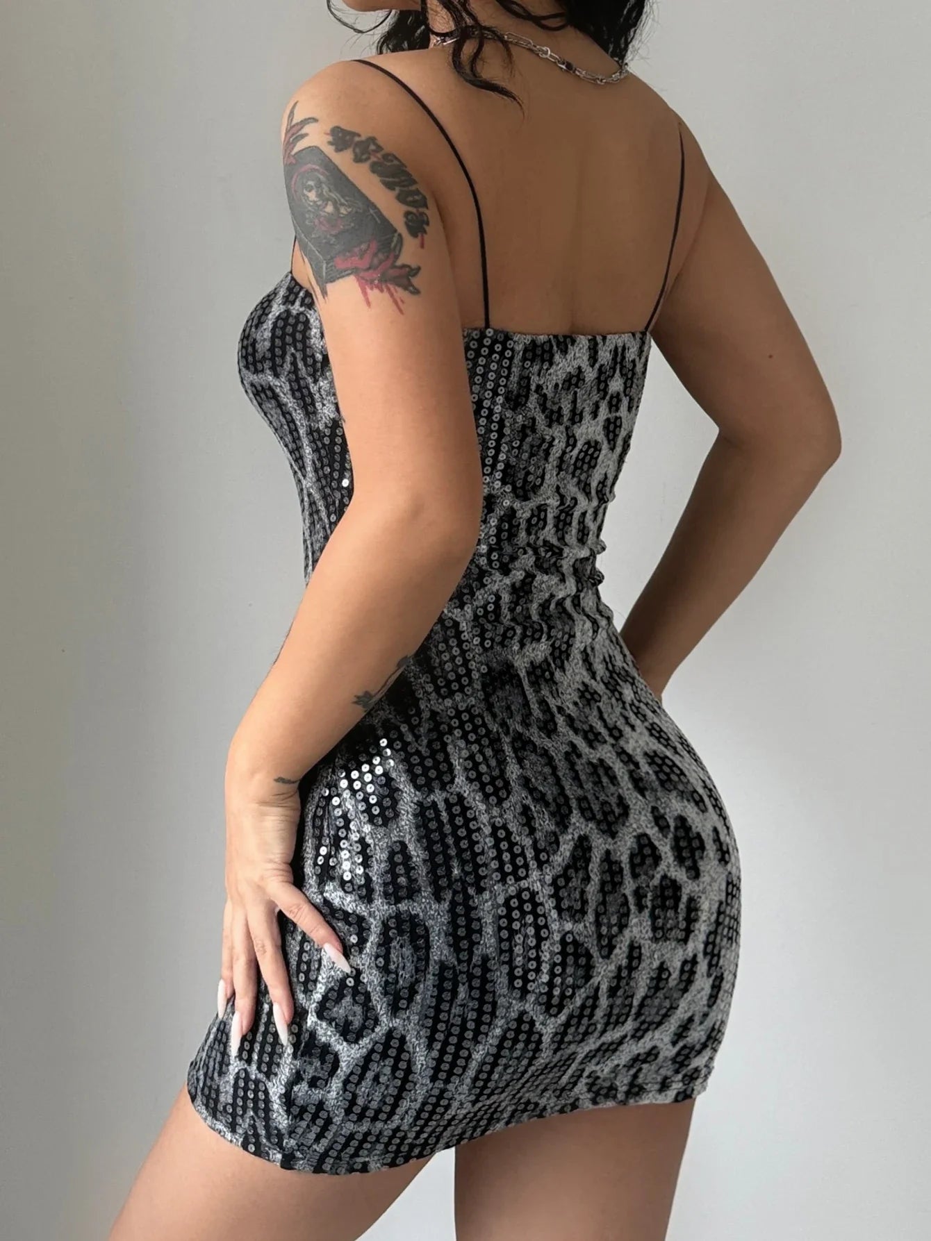Leopard Print Spaghetti Shoulder Strap Square Collar Mini Dress Sparkly Sequins Party Club Y2K Clothes