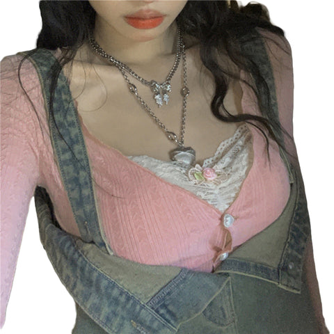 y2k Crop Top Sweet Aesthetic Clothes Lace Patchwork Long Sleeve T Shirt with Bow Decor 2000s Clothing Streetwear