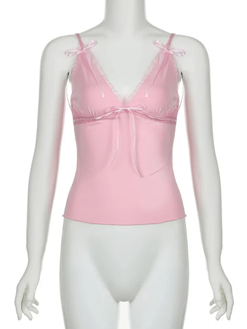 Voguable Kawaii Lace Bow Patchwork Camis Coquette Aesthetic V Neck Corset Tops Y2K Streetwear FeAesthetic Clothes