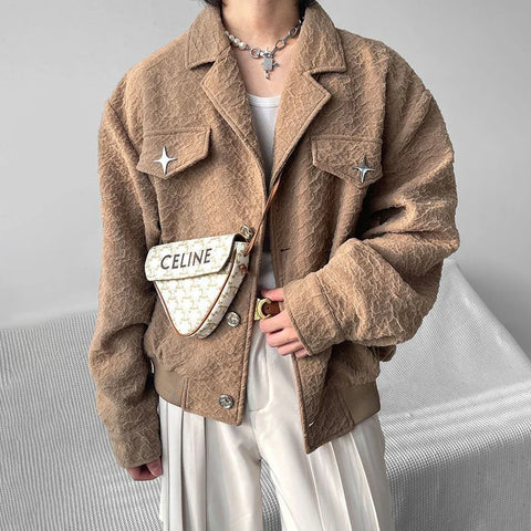 Harajuku Loose Metal Decorated Y2k Short Jacket Winter Genderless Retro Casual Trendy Street Texture Jacket Unisex