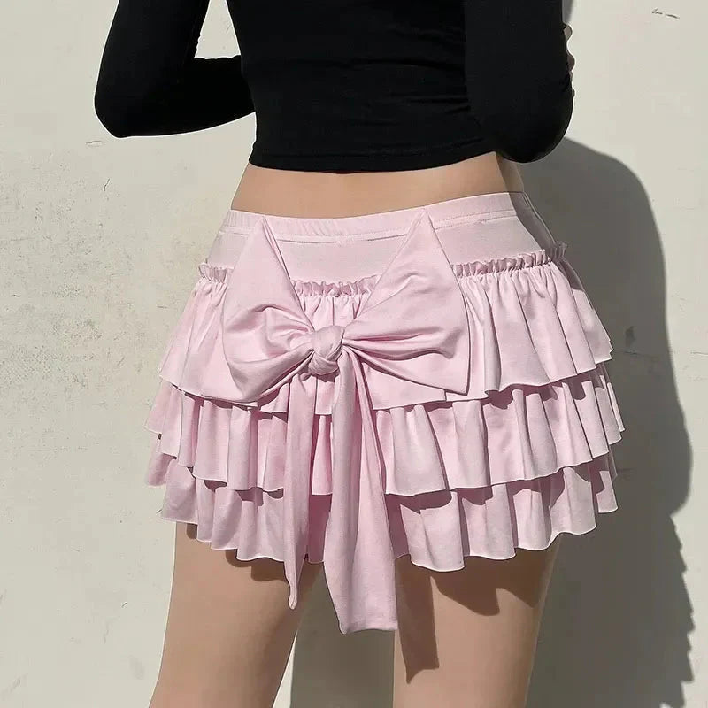 Bow Sweet A-Line Skirts Slim Low-Waist Casual Mini Skirts Y2K FeStreetwear All-Match Pink Skirts