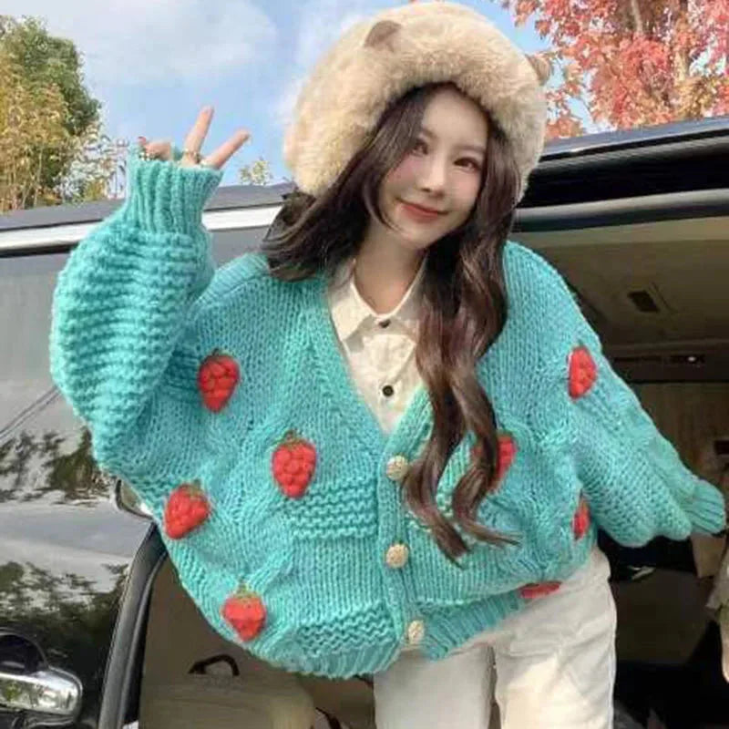 Winter Strawberry Knitting Cardigan Y2K Loose Long Sleeve Thicken Warm Sweater Korean Chic Preppy Sweater