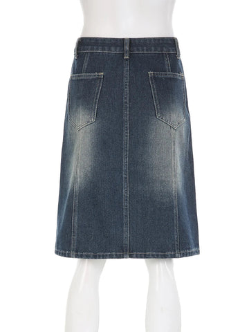 Voguable Vintage Blue Straight Denim Skirt American Retro Aesthetic Chic Stitch Cargo Mid Skirts Y2K Streetwear Grunge New
