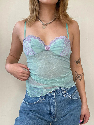 Voguable   Dot Print Lace Corset Flower Appliques Milkmaid See Through Crop Top Y2K Camis Transparent Aesthetic Tanks
