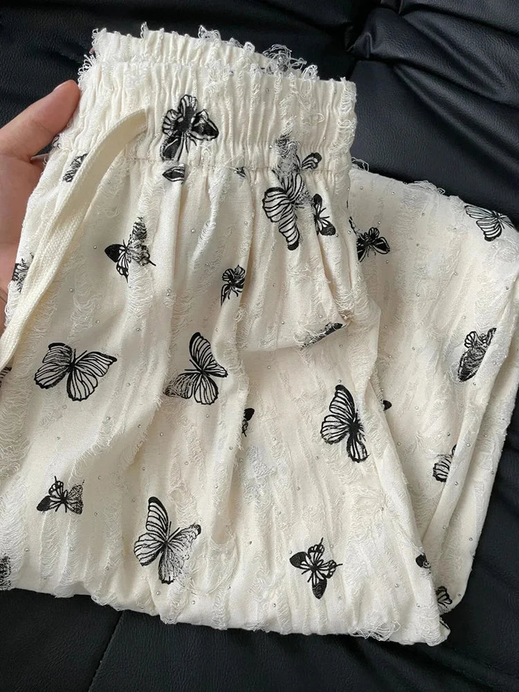 High Waist Wide Leg Pants Loose Butterfly Print FeCasual Pants Y2K Korean Drawstring Floor Length Trousers