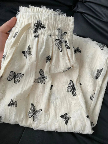 High Waist Wide Leg Pants Loose Butterfly Print FeCasual Pants Y2K Korean Drawstring Floor Length Trousers