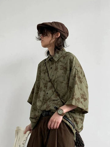 Harajuku Y2K Shirt Loose Vintage Print Streeetwear Blouse Oversize Half Sleeve FeCasual Retro Japan Bf Tops New