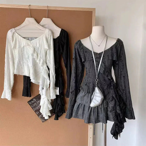 Irregular Patchwork T Shirts Y2K Gothic Ruffled Sleeve FeTops Streetwear Hollow Out Hole Casual Tees New