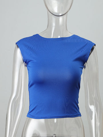 Voguable Cut Out Backless Cropped Top Woman Solid Short Sleeve Skinny Y2K Tops Multi Ways Wear Basic T-shirt